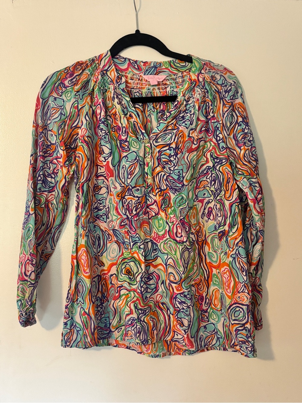 Lilly Pulitzer Multicolor Fish Print Silk Blouse, Size XXS